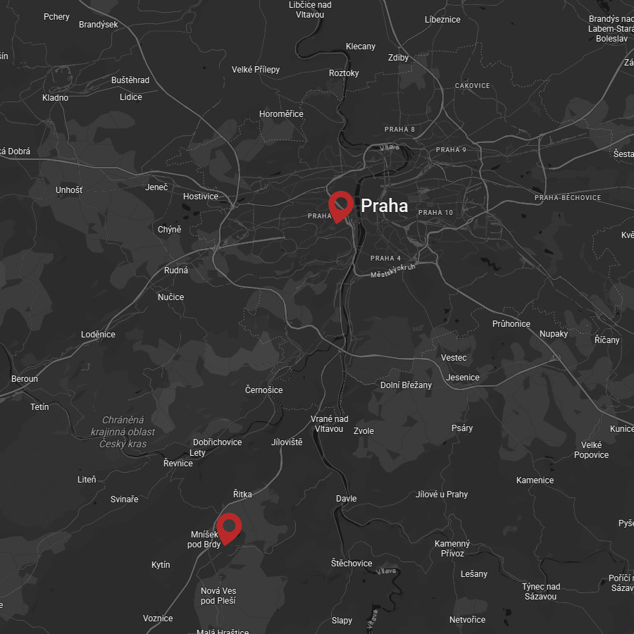 Mapa Mníšku pod Brdy s vyznačenou polohou místa, kde probíhají EMS tréninky.